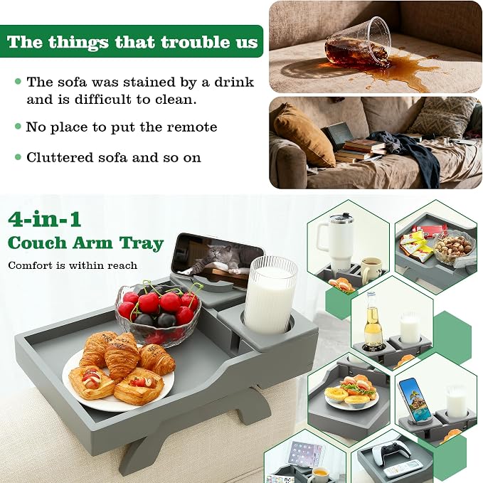 GHKINMAL Couch Cup Holder, 4-in-1 Side Couch Arm Tray with Phone Holder, Sofa Clip on Side Table for Wide Couches Arm, Suitable for Home Drinks/Remote/Snacks-Grey