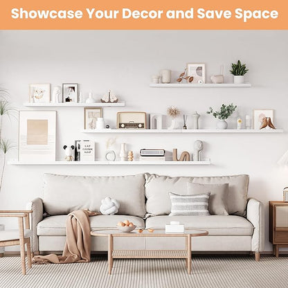 upsimples Floating Shelves for Wall, 47.3 Inch Shelves for Decor Storage Set of 6, Wall Mounted Wood Shelf for Bedroom, Living Room, Bathroom, Kitchen, Long Picture Ledge Shelves, White