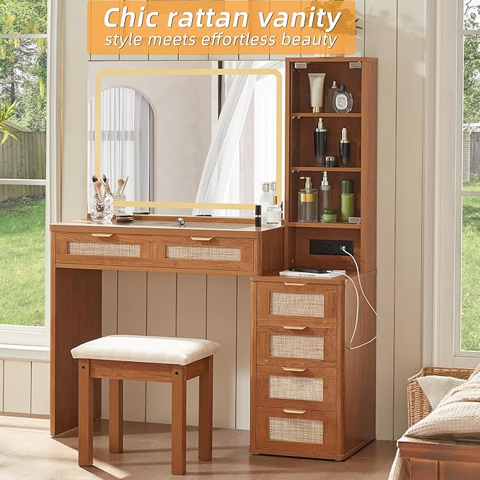 LEYAOYAO Rattan Vanity Desk with Mirror and Lights, 43.5'' Boho Makeup Vanity with 6 Drawers and Adjustable Shelves, Brown Make Up Vanity Dressing Table with Glass Top and Power Outlet for Bedroom