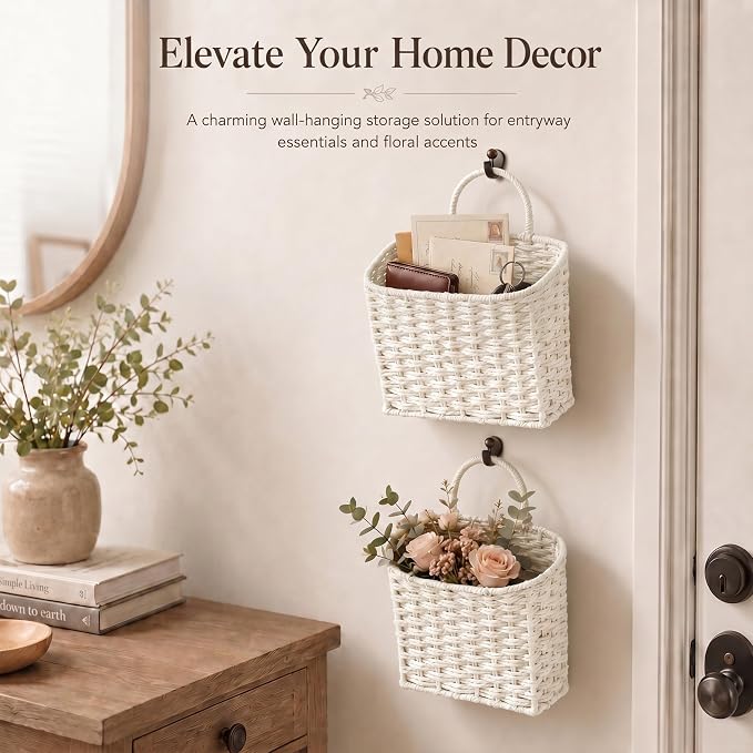Coeusy Hanging Basket, Paper Roper Wall Basket for Laundry,Entryway,Nursery,Bathroom, Large Door Basket for Flowers,Planters,Mail,White