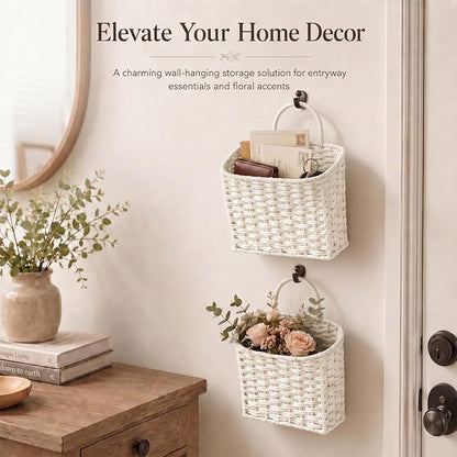 Coeusy Hanging Basket, Paper Roper Wall Basket for Laundry,Entryway,Nursery,Bathroom, Large Door Basket for Flowers,Planters,Mail,White