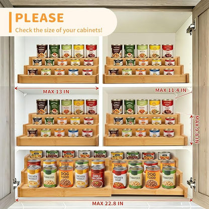Expandable Bamboo Can Rack Organizer, 3 Tier Canned Food Storage Holder for Pantry, Adjustable Pantry Soda Can Organizer Shelf for Kitchen Spice, Countertop, Cat Food, Cabinet Storage Hold for 24 Cans