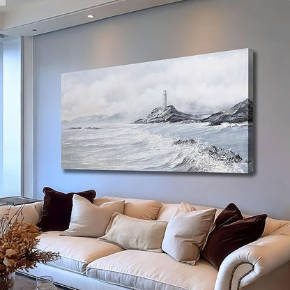 Belmrxne Coastal Wall Art White Wall Decor Large Ocean Canvas Painting Lighthouse and Mountain Artwork Modern Aesthetic wall prints for Living Room Dining Room Bedroom Office 29x58 Inches