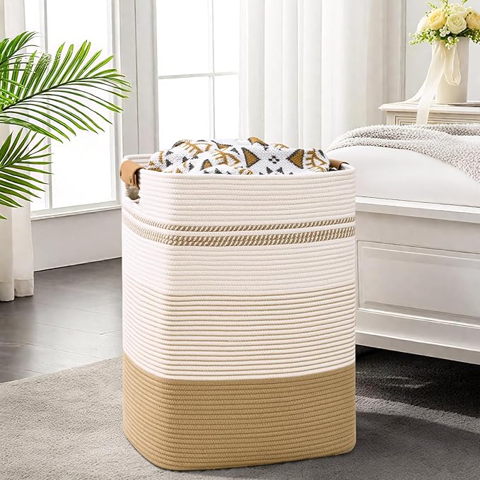 Degeyoyo Laundry Hamper, 95L Tall Laundry Basket with Leather Handles, Rectangle Large Clothes Hamper for Organizing, Cotton Woven Laundry Baskets Storage Hampers for Bedroom, Nursery, Living Room