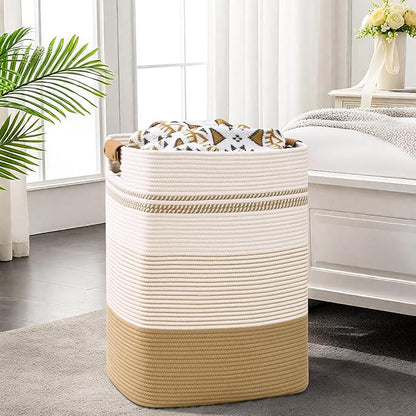 Degeyoyo Laundry Hamper, 95L Tall Laundry Basket with Leather Handles, Rectangle Large Clothes Hamper for Organizing, Cotton Woven Laundry Baskets Storage Hampers for Bedroom, Nursery, Living Room