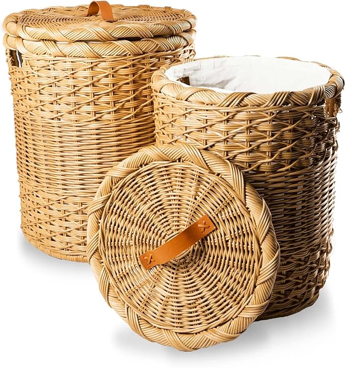 The Basket Lady Round Wicker Hamper | Wicker Laundry Hamper Nested Set of 2 Sandstone
