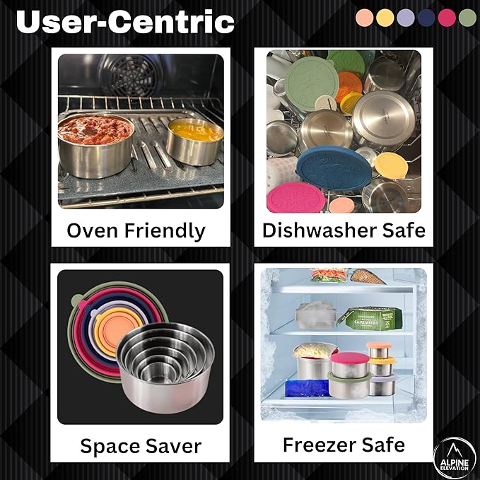 Alpine Elevation 12 Pcs - 6 Stainless Steel Containers + 6 Silicone Lids | 304 Stainless Steel Snack Container | Nesting Snack and Dip Containers | Metal Food Storage