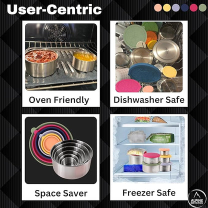 Alpine Elevation 12 Pcs - 6 Stainless Steel Containers + 6 Silicone Lids | 304 Stainless Steel Snack Container | Nesting Snack and Dip Containers | Metal Food Storage