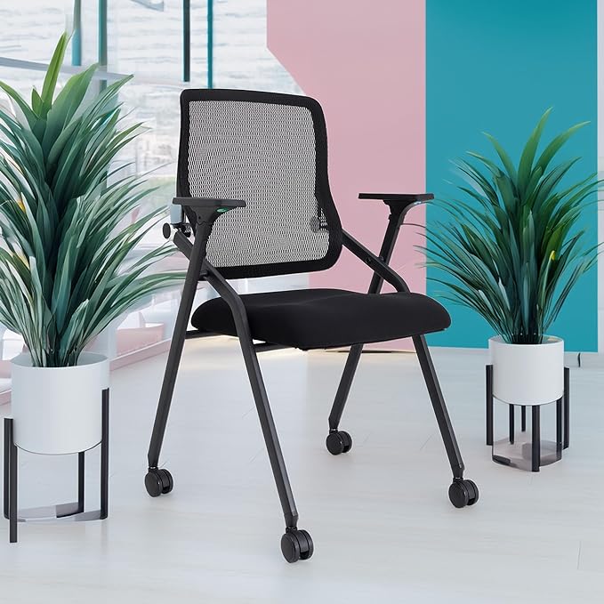 Updated Conference Room Chairs, Folding Office Desk Chair with Lumbar Support and Sliding Armrest with Casters, Stackable Office Guest Chairs & Reception Chairs, 4 Pack Black