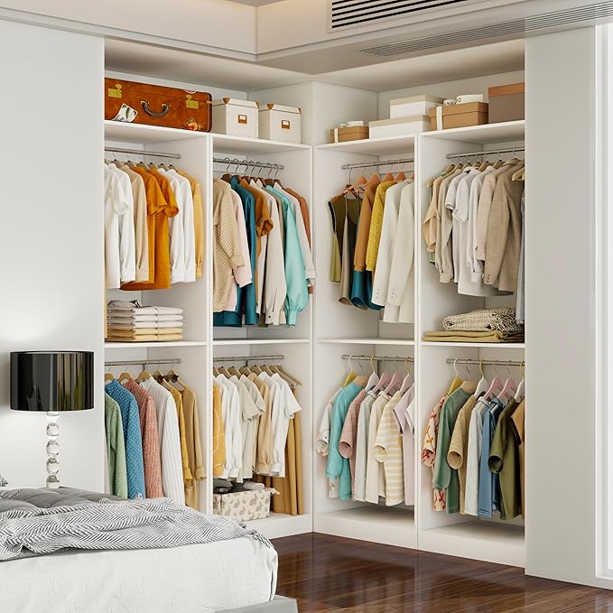 Closet System with 6 Hanging Rods& Shelf, 4FT Small Closet Organizer System Wood with Extra Side Hanging Rod for Walk in Closet Storage, Modular Closet Systems, White(4FT)