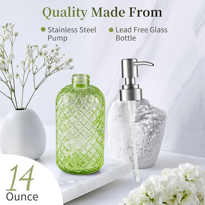 14 Oz Refillable Glass Soap Dispenser with Rust Proof Stainless Steel Pump, for Dispense Hand soap, Body wash, Lotion (Green)
