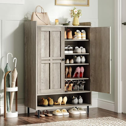 ONBRILL Shoe Cabinet with Cross Molding Doors, 6-Tier Shoe Storage Cabinet with 3 Adjustable Shelves and Metal Legs, 45'' Tall Shoes Rack Organizer Cabinet for Entryway, Front Door, Gray Wash