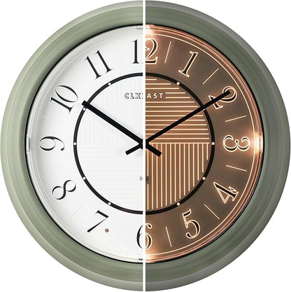 CLXEAST 14" LED Illuminated in/Outdoor Atomic Analog Wall Clock with Night Light,Coastal Beach Nautical Wall Clocks for Living Room Decor, Olive Sage Green Decor