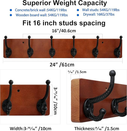 WEBI Rustic Coat Rack Wall Mount,24" Long 6 Cast Iron Coat Hooks Wall Mounted,Heavy Duty Wood Wall Coat Hanger Hooks for Hanging Coats,Jacket,Clothes,Backpack,Farmhouse,Cherry