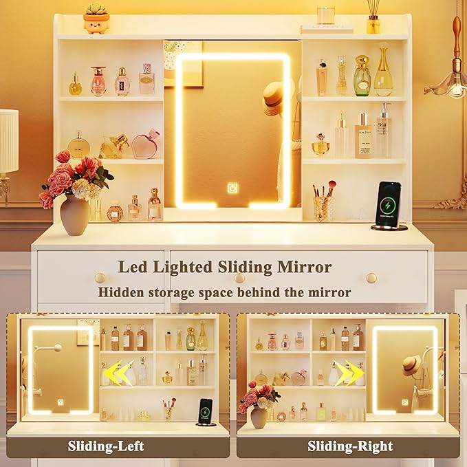 37.4" Vanity Desk with Mirror and Lights, Makeup Vanity with LED Sliding Mirror, 3-Color Lights, USB/Type-C Charging, White Vanity Desk with Storage Cabinet, 2 Drawers & 6 Shelves for Bedroom