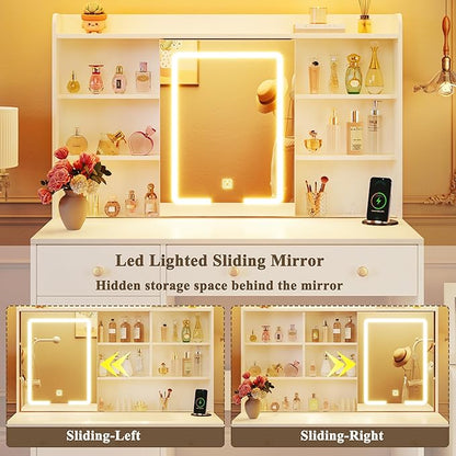 37.4" Vanity Desk with Mirror and Lights, Makeup Vanity with LED Sliding Mirror, 3-Color Lights, USB/Type-C Charging, White Vanity Desk with Storage Cabinet, 2 Drawers & 6 Shelves for Bedroom