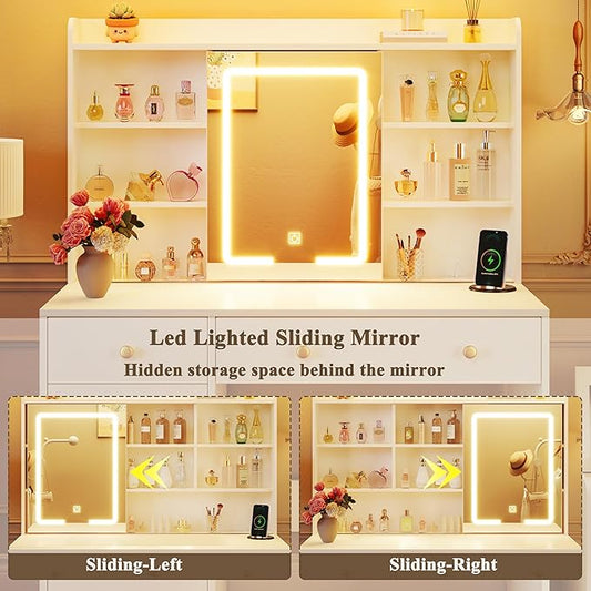 37.4" Vanity Desk with Mirror and Lights, Makeup Vanity with LED Sliding Mirror, 3-Color Lights, USB/Type-C Charging, White Vanity Desk with Storage Cabinet, 2 Drawers & 6 Shelves for Bedroom