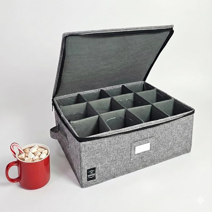 Cup & Mug Storage Container with Hard Top & Dividers – Stackable Coffee Cup Organizer for Mugs, Tea Cups & Household Storage – Fully Padded, Reinforced Sides – Grey
