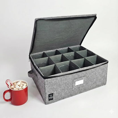Cup & Mug Storage Container with Hard Top & Dividers – Stackable Coffee Cup Organizer for Mugs, Tea Cups & Household Storage – Fully Padded, Reinforced Sides – Grey