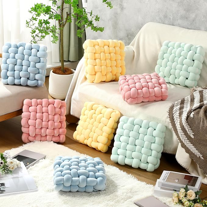 Wenqik 2 Pcs Knot Pillows Square Knotted Plush Throws Soft Accent Pillows Decoration Cushion for Couch Home Office Living Room Bedroom Bed Sofa Decor, 12'' x 13''(Ice Blue,Crystal Velvet)