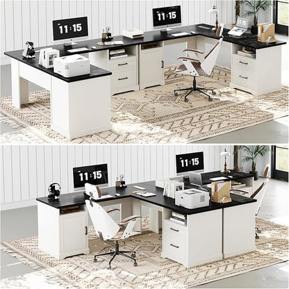 Unikito Farmhouse L Shaped Executive Desk with File Drawers, 60" Corner Computer Desk with Power Outlets, Large 2 Person Home Office Table with Storage Cabinet, Sturdy Writing Desks, White and Black