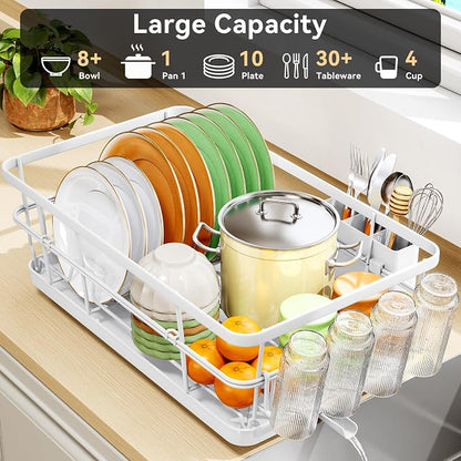 TOOLF Dish Drying Rack, Dish Racks for Kitchen Counter, Stainless Steel Sink Organization and Storage Essentials with Cutlery Holder, Dish Drainer, Home and Appartment Decor, 12.4''W x 16.5''L, White