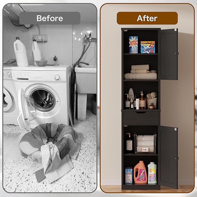 Walsunny Tall Bathroom Storage Cabinet with Freestanding Adjustable Shelves, Narrow Storage Linen Cabinet with 2 Doors and 1 Drawer for Bathroom, Living Room, Kitchen, Black