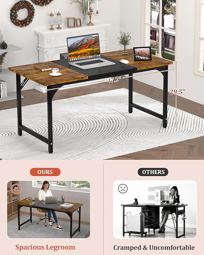Computer Desk 47.2" Office Desk, Extra Wide 23.62” Carbon Fiber Deep Desktop, 0.59” Thick Heavy-Duty Home Office Desks, Office Table with Steel Frame, Wood Desk for Bedroom Study Writing Gaming Work