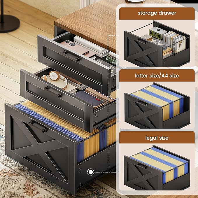 SEDETA 67" L Shaped Desk with Hutch, Farmhouse Executive Office Desks with Drawers & Sliding Doors, L Shaped Gaming Desk with Storage Shelves & Power Outlets, Corner Gaming Desk with LED Lights, Black