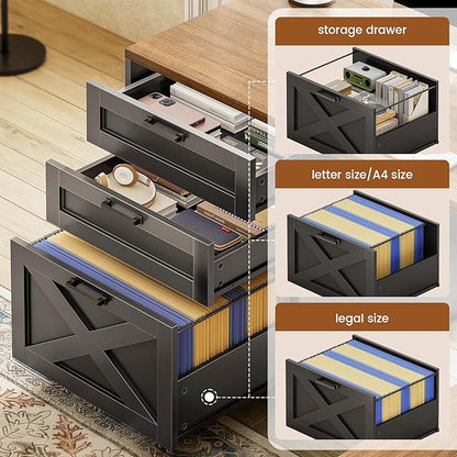 SEDETA 67" L Shaped Desk with Hutch, Farmhouse Executive Office Desks with Drawers & Sliding Doors, L Shaped Gaming Desk with Storage Shelves & Power Outlets, Corner Gaming Desk with LED Lights, Black