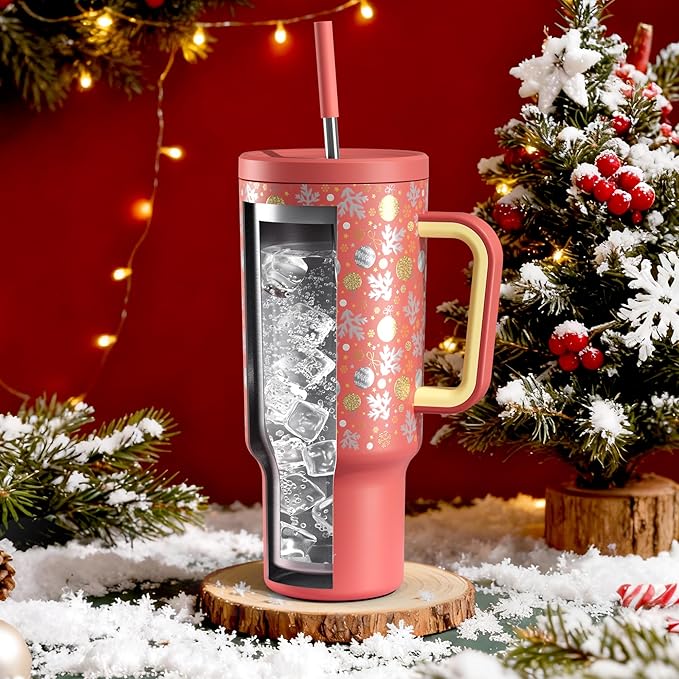 Meoky 40 oz Christmas Tumbler with Handle and Straw, Xmas Tumbler with Lid and Straw, Insulated Stainless Steel Travel Mug, Christmas Gifts for Women Men Adults (Merry Bells)