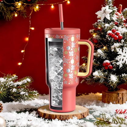 Meoky 40 oz Christmas Tumbler with Handle and Straw, Xmas Tumbler with Lid and Straw, Insulated Stainless Steel Travel Mug, Christmas Gifts for Women Men Adults (Merry Bells)
