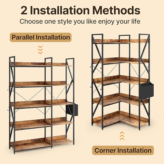 Gizoon 5 Tier Corner Bookshelf, 65" H Reversible Bookshelf, Industrial Bookcase with 4 Hooks and Storage Basket, Sturdy Metal Frame, Adjustable Feet, for Living Room, Kitchen, Office, Retro