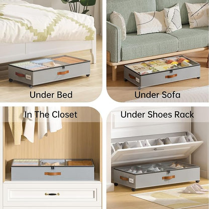 Yecaye Under Bed Storage with Wheels, 2 Pack Under Bed Storage Containers with Adjustable Dividers & Clear Window, Rolling Underbed Organizer Bins Drawers for Clothes, Shoes, Blankets, Grey