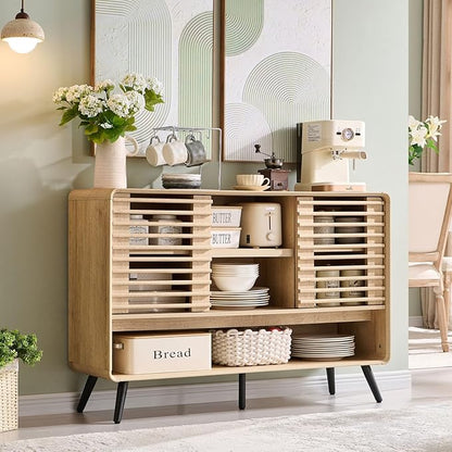 OKD 46" Console Sofa Table with Sliding Slatted Door, Modern Wood Coffee Bar w/Adjustable & Open Storage Shelf, Buffet Sideboard for Kitchen, Living Room, Entryway, Hallway, Foyer, Natural Oak