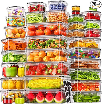 KEMETHY 70 PCS Food Storage Containers with Lids Airtight, Total 856oz, BPA-free, Food-grade, Eco-friendly Material, Leak Proof Plastic Containers, Microwave/Dishwasher Safe