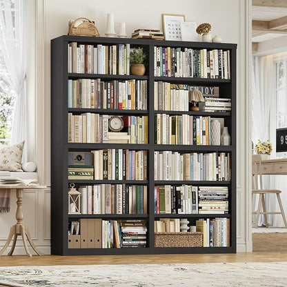 HOSTACK 63" W Open Book Shelf, 73" Tall Bookshelf with Storage, Modern Black Bookshelf, Large Bookcase with 12 Display Shelves, 6 Tier Wooden Book Case for Living Room, Home Office, Library, Black