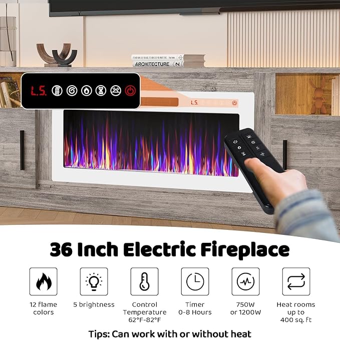 Lemberi Fireplace tv Stand with 36 inch White Fireplace Up to 90" TVs, LED Light Entertainment Center and Storage, 80" Modern Wood Media TV Console with Highlight Cabinet for Living Room (Gray)