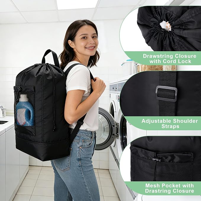 Aegero Backpack Laundry Bag,Large Travel Laundry Bags with Shoulder Straps and Mesh Pockets,Laundry Backpack with Drawstring Closure for College,Trave,Dorm, Apartment,Laundromat (Black)