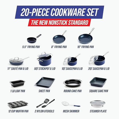 Blue Diamond 20 Piece Nonstick Cookware Set, Diamond Ceramic Pots & Pans, Dishwasher & Metal Utensil Safe, Non Toxic PFAS-Free, Kitchen Cooking Sauce & Saute Pans, Oven & Broiler to 600F, Blue