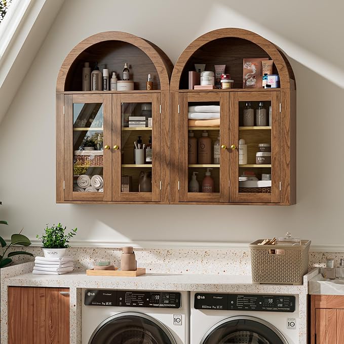 BREEZEHEAT Bathroom Medicine Cabinet Wall Mount-Over The Toilet Storage Cabinet-Arched Wall Cabinet with Glass Doors & Adjustable Shelves, Wood Cabinet for Laundry Room, Kitchen, Living Room, Walnut