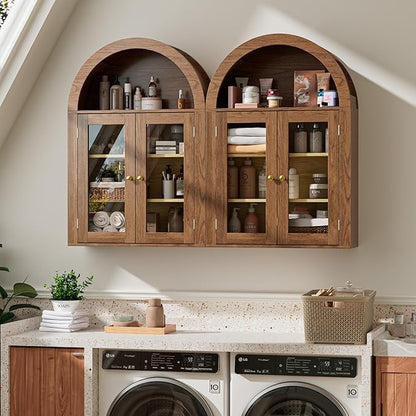BREEZEHEAT Bathroom Medicine Cabinet Wall Mount-Over The Toilet Storage Cabinet-Arched Wall Cabinet with Glass Doors & Adjustable Shelves, Wood Cabinet for Laundry Room, Kitchen, Living Room, Walnut