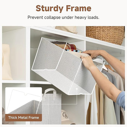 StorageWorks Storage Bins, Fabric Storage Bins for Shelves, Large Storage Baskets with Metal Frame, Closet Baskets and Bins with Handles, Khaki and Beige Stripes, 2-Pack