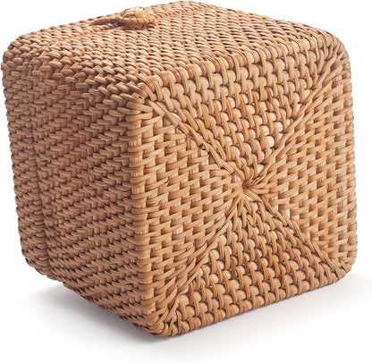 Rattan Tissue Box Cover Natural Woven Facial Napkin Holder Square with Lid 5.7 x 5.7 x 5.5 Inch (Natural)