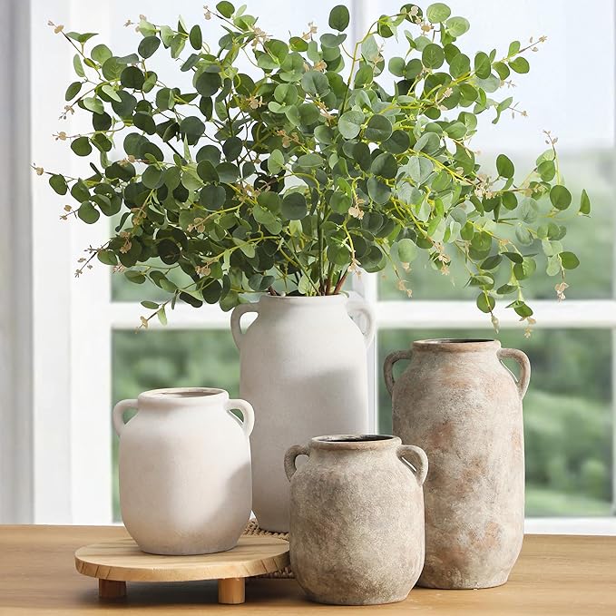 Ceramic Flower Vase Home Decor - Farmhouse Rustic Table Vases with Handle Living Room Decoration Decorative Vintage Pottery for Kitchen Shelf Coffee Dining Bookshelf Fireplace Centerpiece (7.6" Retro)