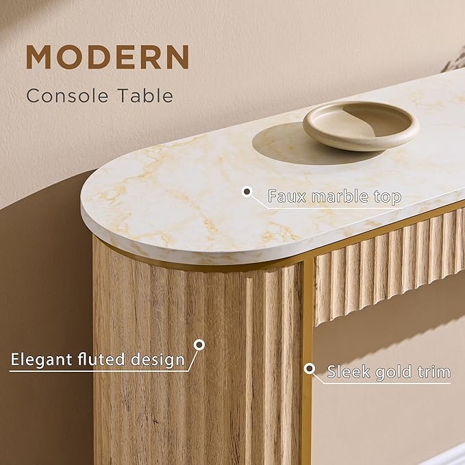 OKD Modern Fluted Console Table, 63" Long Narrow Entryway & Sofa Tables for Hallway, Tall Accent Table Behind Couch for Foyer Living Room, Natural Oak