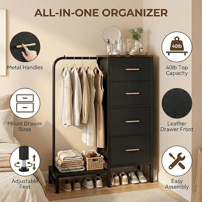 Dresser with Hanging Rack & CFR Certification, Reversible Black Dresser for Bedroom, Kids Chest of Fabric Drawers with Clothes Rack, Small Closet Organizer with Drawers, 44''H