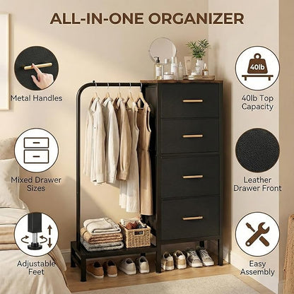 Dresser with Hanging Rack & CFR Certification, Reversible Black Dresser for Bedroom, Kids Chest of Fabric Drawers with Clothes Rack, Small Closet Organizer with Drawers, 44''H