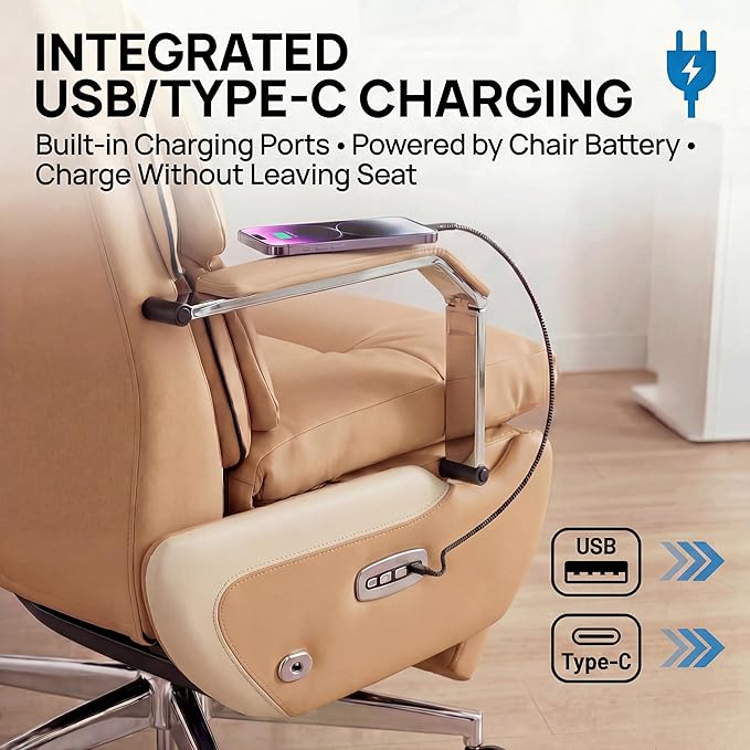Dual Motor Executive Home Reclining Office Chair with Footrest - One-Click Electric Recline with Massage & Pillow Support Big and Tall PU Leather Ergonomic Desk Chair, High Back Wide Seat (Brown)