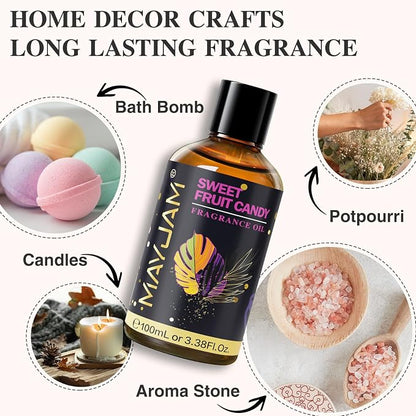 Sweet Fruit Candy Fragrance Oil Essential Oil, MAYJAM 3.38FL.OZ Sweet Fruit Candy Oil for Diffusers for Home, Long Lasting Scented Oils for Soap Candle Making - 100ML